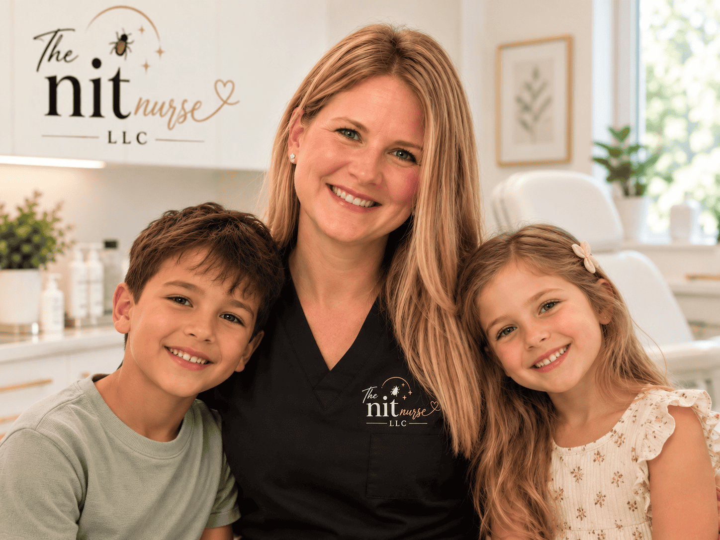 Owner of The Nit Nurse LLC, a professional lice removal specialist, smiling with a young boy and girl at her lice treatment clinic."